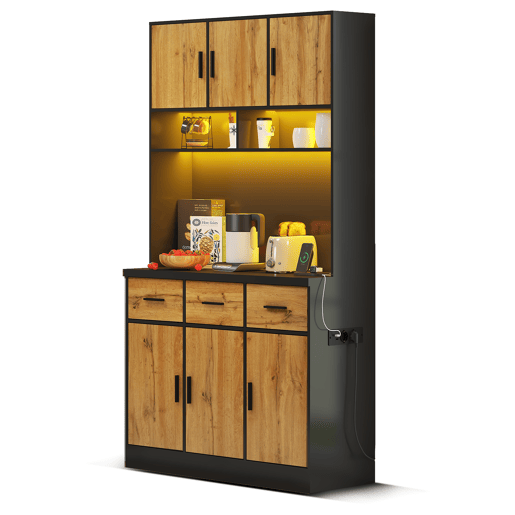 Buffet multifuncional 100x40x180 cm - Com iluminação LED, controlo remoto, gavetas, prateleiras ajustáveis, orifícios para cabos e tomadas - Preto+Natural