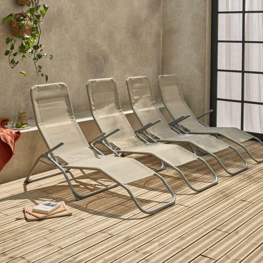 Espreguiçadeira dobrável Textilene com 2 posições, set de 4, Levito x4, Taupe, 57x168x93 cm
