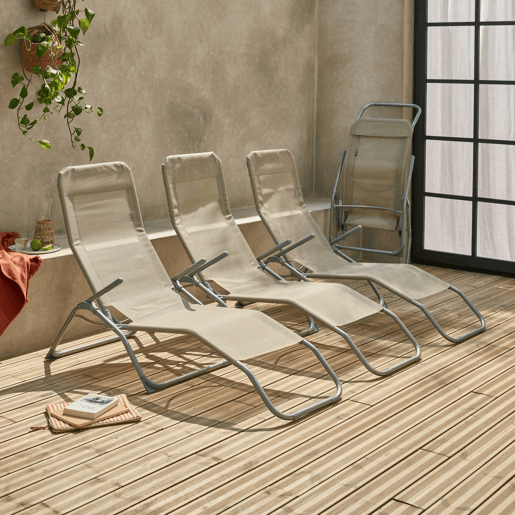 Espreguiçadeira dobrável Textilene com 2 posições, set de 4, Levito x4, Taupe, 57x168x93 cm