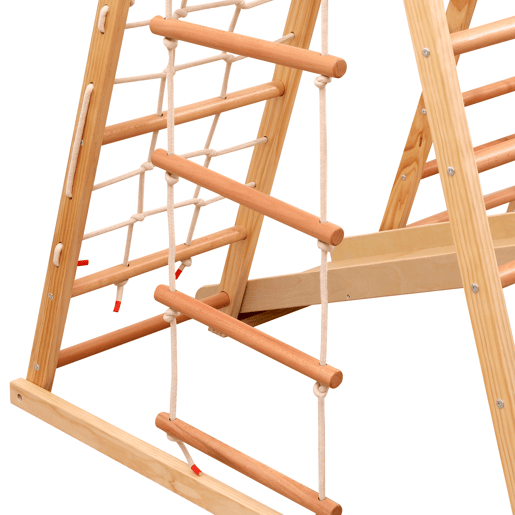 Estrutura de escalada multifuncional 7 em 1 - Madeira maciça, contraplacado e madeira de faia, com baloiço, escada, escorrega de escalada, rede de escalada, pedra de escalada em plástico, argolas - Natural