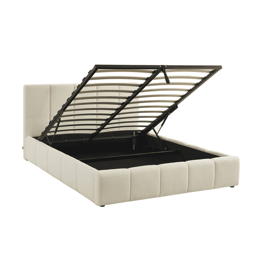 Cama baú com estrado de ripas e cabeceira 140cm, acabamento boucle, Lex, Branco, 211x155x91 cm