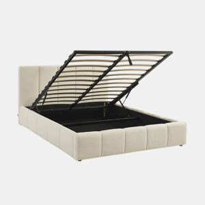 Cama baú com estrado de ripas e cabeceira 140cm, acabamento boucle, Lex, Branco, 211x155x91 cm