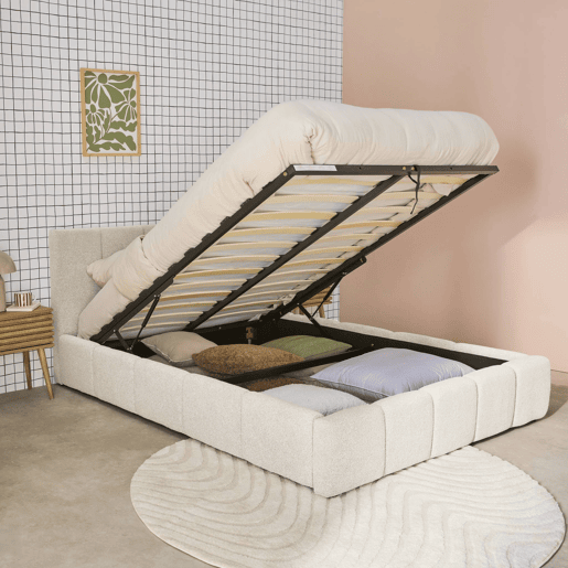 Cama baú com estrado de ripas e cabeceira 140cm, acabamento boucle, Lex, Branco, 211x155x91 cm