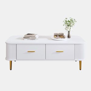 Mesa de centro com gavetas - cantos arredondados, laterais onduladas, puxadores e pés dourados - Branco