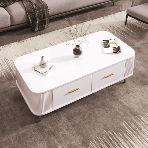 Mesa de centro com gavetas - cantos arredondados, laterais onduladas, puxadores e pés dourados - Branco