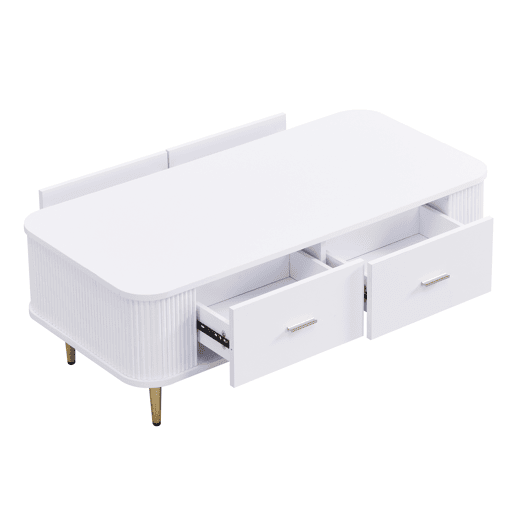 Mesa de centro com gavetas - cantos arredondados, laterais onduladas, puxadores e pés dourados - Branco