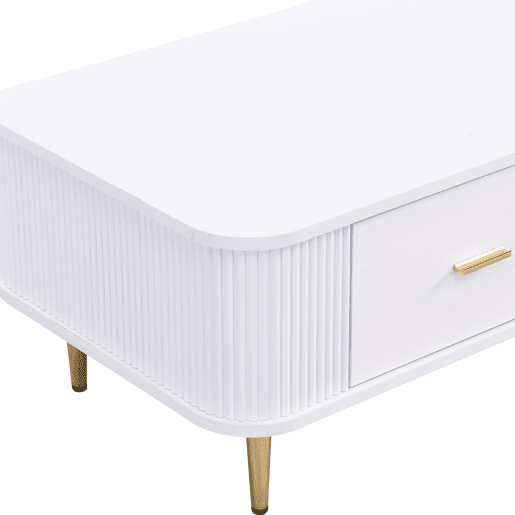 Mesa de centro com gavetas - cantos arredondados, laterais onduladas, puxadores e pés dourados - Branco