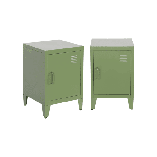 Mesa de cabeceira industrial 1 porta, set de 2, Soho, Verde caqui, 38x38x57 cm