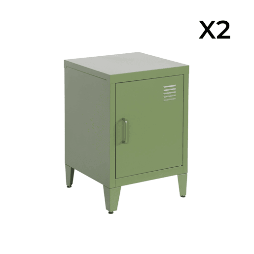 Mesa de cabeceira industrial 1 porta, set de 2, Soho, Verde caqui, 38x38x57 cm