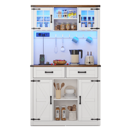 Barschrank com iluminação LED e tomadas - Grande armário de cozinha com 2 gavetas grandes, design de porta de celeiro, prateleiras ajustáveis - Branco