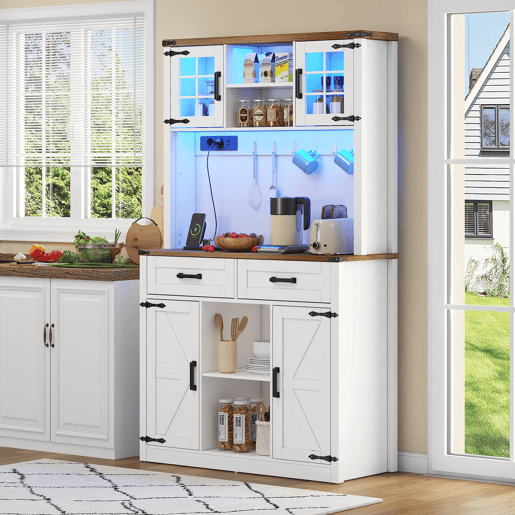 Barschrank com iluminação LED e tomadas - Grande armário de cozinha com 2 gavetas grandes, design de porta de celeiro, prateleiras ajustáveis - Branco