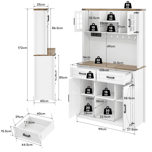 Barschrank com iluminação LED e tomadas - Grande armário de cozinha com 2 gavetas grandes, design de porta de celeiro, prateleiras ajustáveis - Branco