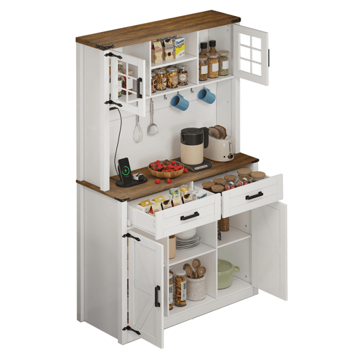 Barschrank com iluminação LED e tomadas - Grande armário de cozinha com 2 gavetas grandes, design de porta de celeiro, prateleiras ajustáveis - Branco
