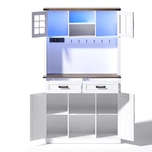 Barschrank com iluminação LED e tomadas - Grande armário de cozinha com 2 gavetas grandes, design de porta de celeiro, prateleiras ajustáveis - Branco