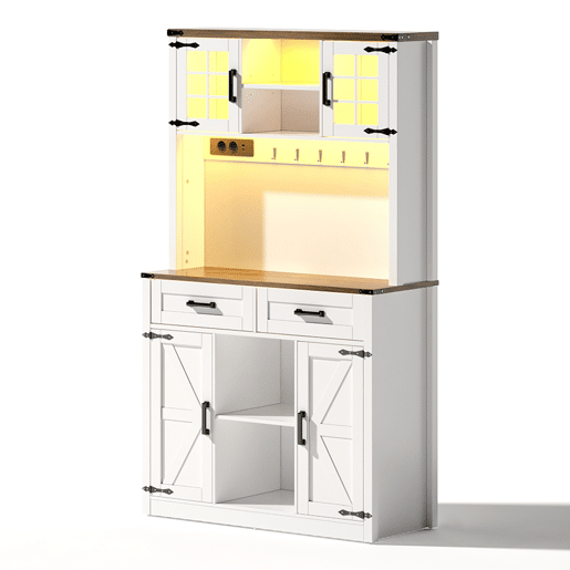 Barschrank com iluminação LED e tomadas - Grande armário de cozinha com 2 gavetas grandes, design de porta de celeiro, prateleiras ajustáveis - Branco