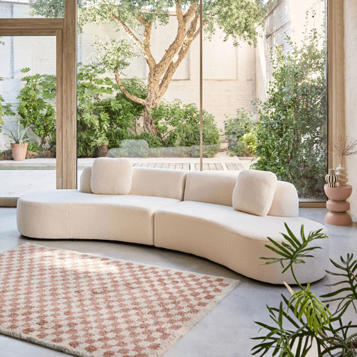 Sofá modular virgule boucle de 5 lugares, Wave, Creme, 342x93x68 cm