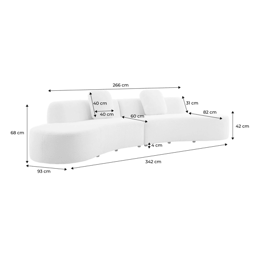 Sofá modular virgule boucle de 5 lugares, Wave, Creme, 342x93x68 cm