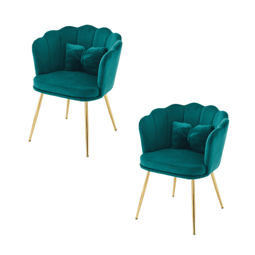 Conjunto de 2 cadeiras modernas de veludo - cadeiras para sala e casa de banho, encosto em forma de pétalas, pernas de metal dourado, almofada tipo borboleta - Verde