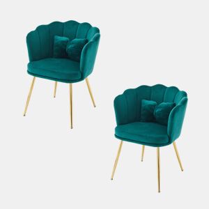 Conjunto de 2 cadeiras modernas de veludo - cadeiras para sala e casa de banho, encosto em forma de pétalas, pernas de metal dourado, almofada tipo borboleta - Verde