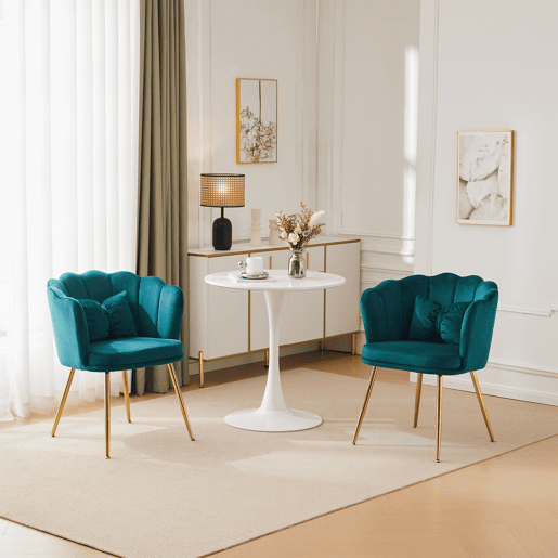 Conjunto de 2 cadeiras modernas de veludo - cadeiras para sala e casa de banho, encosto em forma de pétalas, pernas de metal dourado, almofada tipo borboleta - Verde