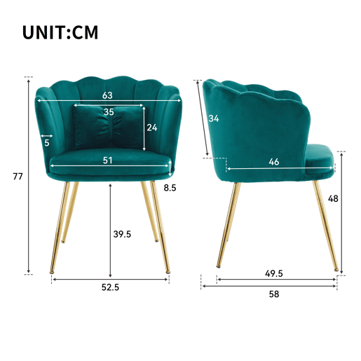 Conjunto de 2 cadeiras modernas de veludo - cadeiras para sala e casa de banho, encosto em forma de pétalas, pernas de metal dourado, almofada tipo borboleta - Verde