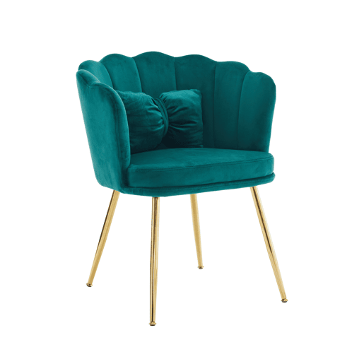 Conjunto de 2 cadeiras modernas de veludo - cadeiras para sala e casa de banho, encosto em forma de pétalas, pernas de metal dourado, almofada tipo borboleta - Verde