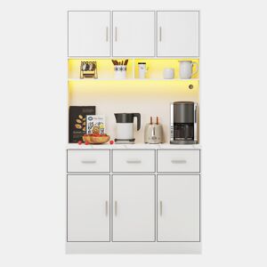 Buffet multifuncional 100x40x180 cm - com iluminação LED, controlo remoto, prateleiras ajustáveis, orifícios para cabos e tomadas - Branco