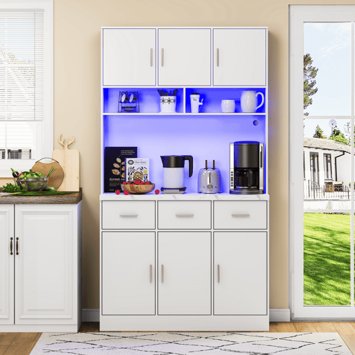 Buffet multifuncional 100x40x180 cm - com iluminação LED, controlo remoto, prateleiras ajustáveis, orifícios para cabos e tomadas - Branco