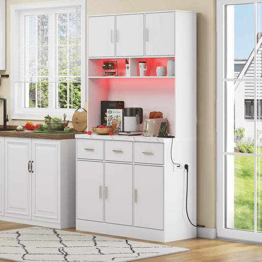 Buffet multifuncional 100x40x180 cm - com iluminação LED, controlo remoto, prateleiras ajustáveis, orifícios para cabos e tomadas - Branco
