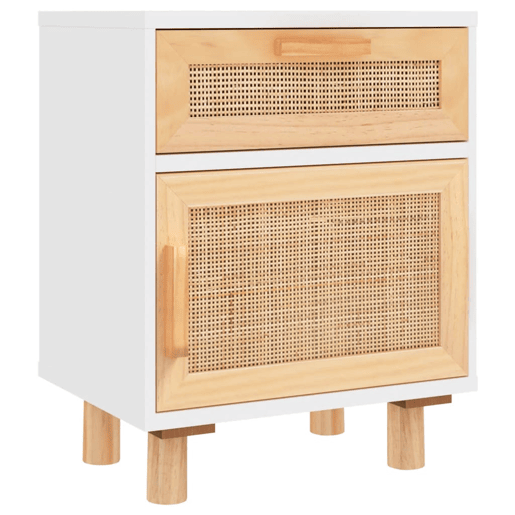 Mesa De Cabeceira - Mesinha De Cabeceira pinho maciço e vime natural branco