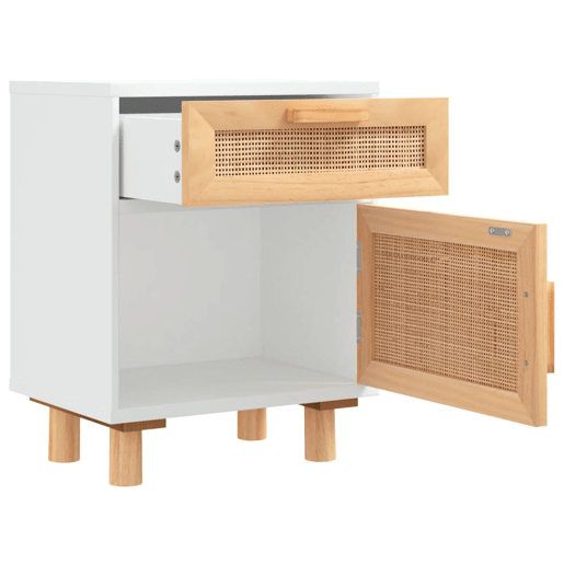Mesa De Cabeceira - Mesinha De Cabeceira pinho maciço e vime natural branco