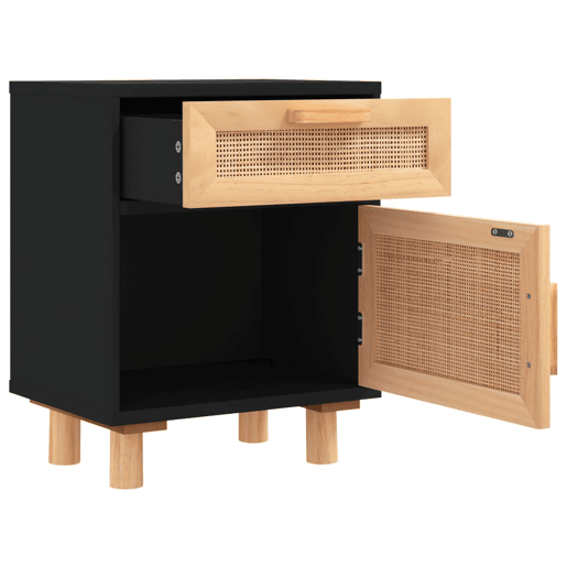 Mesa De Cabeceira - Mesinha De Cabeceira pinho maciço e vime natural preto