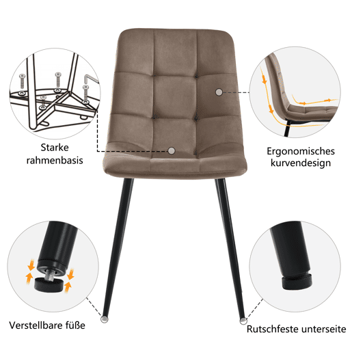 Conjunto de 4 cadeiras de jantar - Cadeira de design com encosto, assento em veludo, estrutura em metal - Castanho