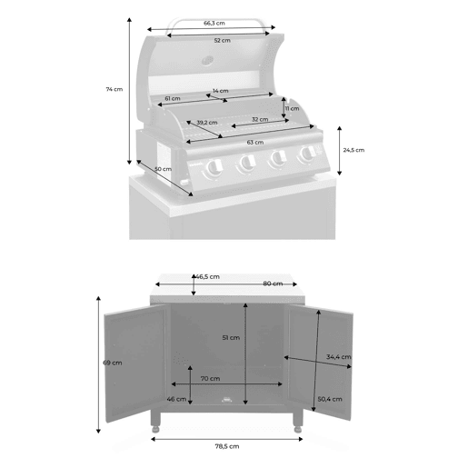 Churrasqueira a gás de 4 queimadores + cozinha externa em aço, 80cm, Grimaud 2 módulos, Preto, 50x73x48 cm