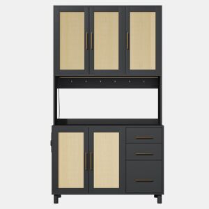 Buffet 183 cm - Com luzes LED controladas por aplicação, 2 USB, 2 tomadas, prateleiras ajustáveis, 3 gavetas, puxadores metálicos dourados - Preto