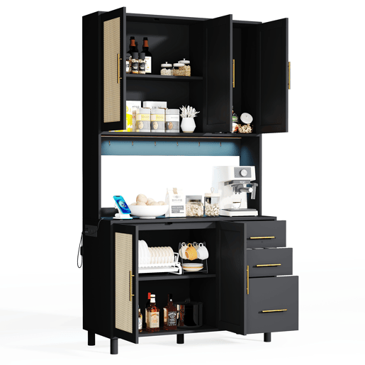 Buffet 183 cm - Com luzes LED controladas por aplicação, 2 USB, 2 tomadas, prateleiras ajustáveis, 3 gavetas, puxadores metálicos dourados - Preto