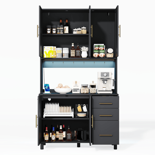 Buffet 183 cm - Com luzes LED controladas por aplicação, 2 USB, 2 tomadas, prateleiras ajustáveis, 3 gavetas, puxadores metálicos dourados - Preto