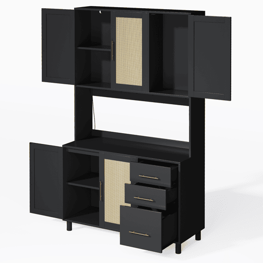 Buffet 183 cm - Com luzes LED controladas por aplicação, 2 USB, 2 tomadas, prateleiras ajustáveis, 3 gavetas, puxadores metálicos dourados - Preto