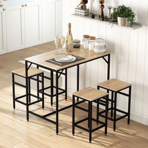 HOMCOM Conjunto de Mesa de Bar com 4 Bancos com Apoio para os Pés Conjunto de Móveis de 5 Peças Mesa de 100x60x88cm e Bancos de 32x32x57cm para Sala de Jantar Cozinha Preto e Carvalho