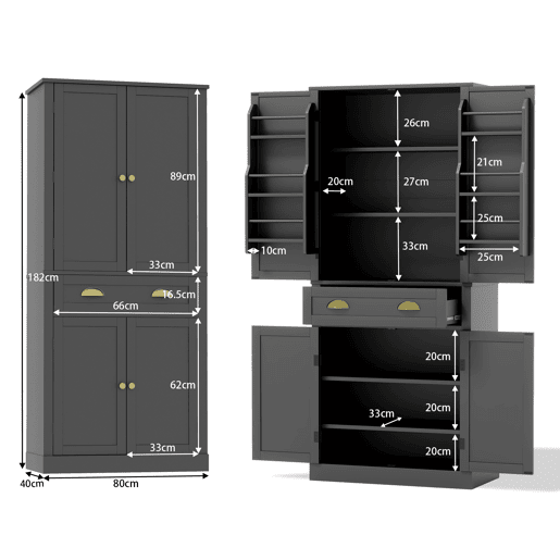 Armário de arrumação 182 cm - 4 portas, 1 gaveta, 2 portas com prateleiras, 6 compartimentos e 4 prateleiras ajustáveis - Preto