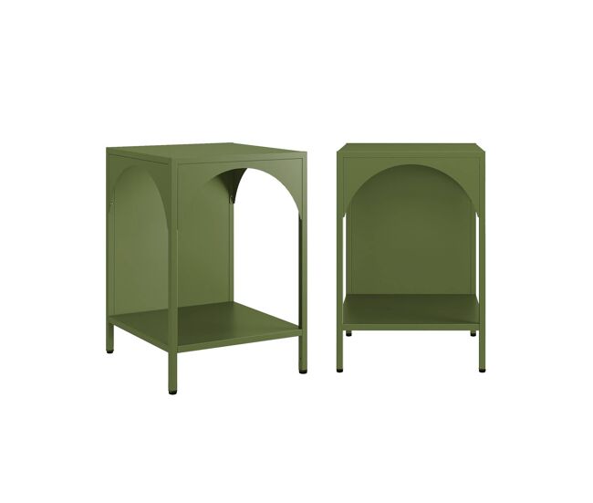 Mesita de noche industrial de metal, set de 2, soho, verde kaki, 35x35x52 cm