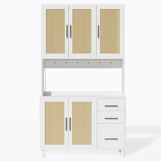 Buffet 183 cm - Com luzes LED controladas por aplicação, 2 portas USB, 2 tomadas, prateleiras ajustáveis, 3 gavetas, puxadores metálicos dourados - Branco