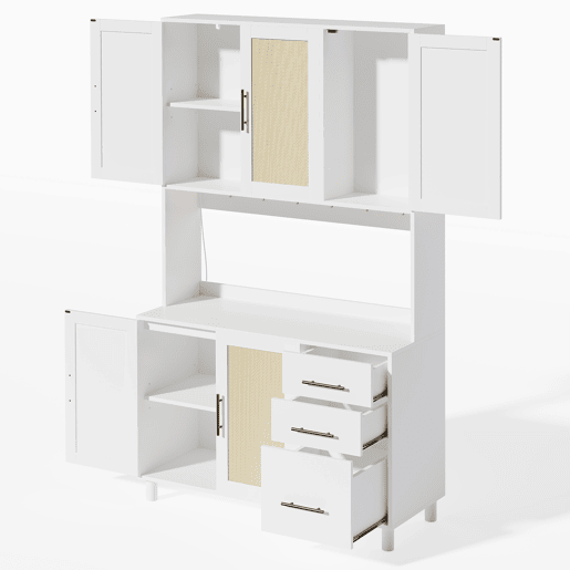 Buffet 183 cm - Com luzes LED controladas por aplicação, 2 portas USB, 2 tomadas, prateleiras ajustáveis, 3 gavetas, puxadores metálicos dourados - Branco