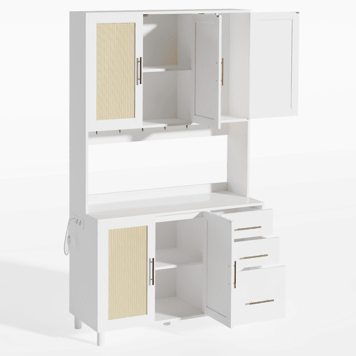Buffet 183 cm - Com luzes LED controladas por aplicação, 2 portas USB, 2 tomadas, prateleiras ajustáveis, 3 gavetas, puxadores metálicos dourados - Branco