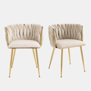Cadeira de jantar de veludo 2 peças - design tecido à mão, pernas de metal dourado - marfim