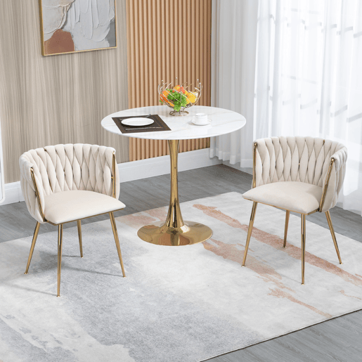 Cadeira de jantar de veludo 2 peças - design tecido à mão, pernas de metal dourado - marfim