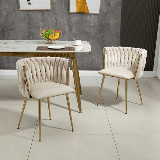 Cadeira de jantar de veludo 2 peças - design tecido à mão, pernas de metal dourado - marfim
