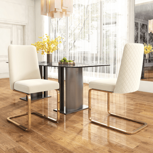 Cadeira de jantar Samt, 2 unidades - design com encosto em diamante, com pernas metálicas douradas - Bege