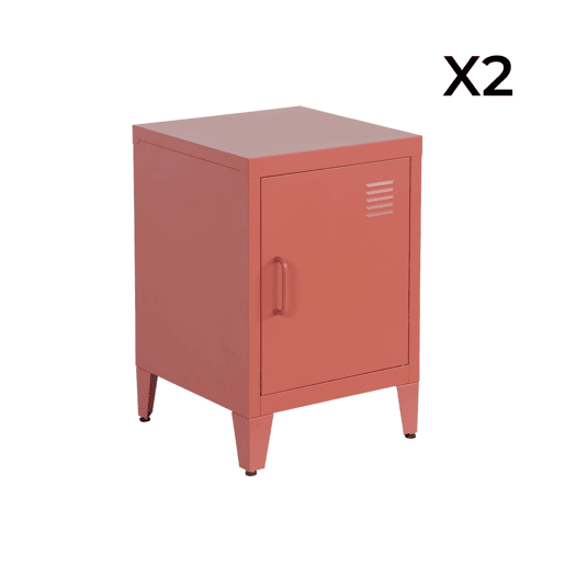 Mesa de cabeceira industrial 1 porta, set de 2, Soho, Terracota, 38x38x57 cm