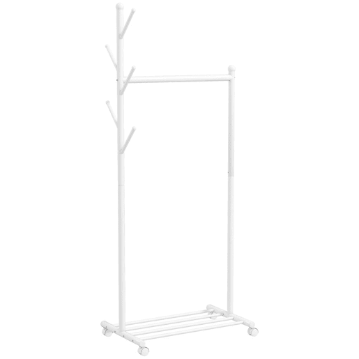 HOMCOM Charriot com Rodas Charriot com 5 Ganchos Barra para Pendurar e Prateleira Inferior Charriot para Dormitório Lavandaria 68x43x171 cm Branco